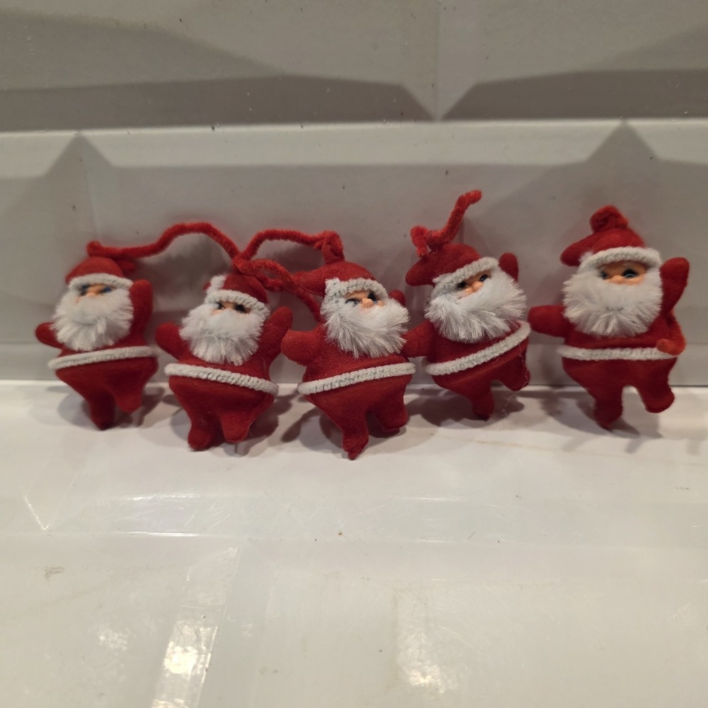 Vintage Christmas Mini Santa‎ Claus Flocked Blow Mold Ornaments Set Of 5 - Japan